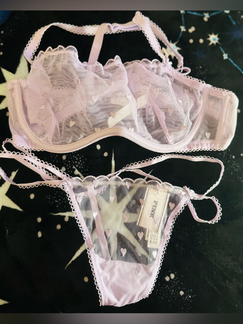 PINK Victoria's Secret Lavender Sheer Heart Lace Balconette Bra & Thong